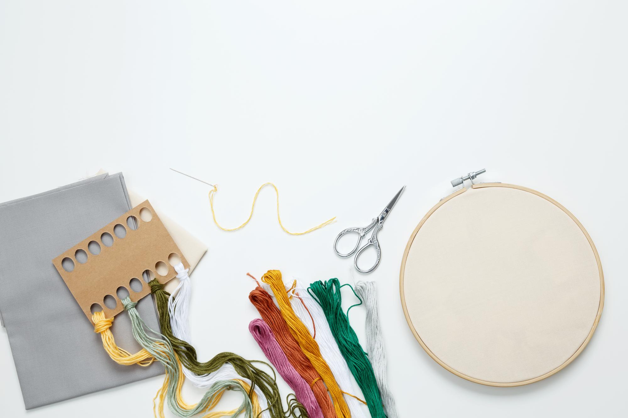 Studio workbench with hoops and threads